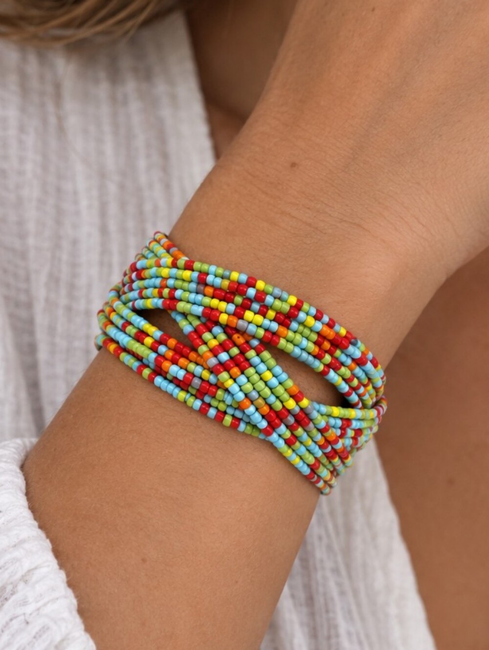 💎 Multicolor Seed Bead Wide Cuff Bracelet Woven Crisscross Boho Statement EUC